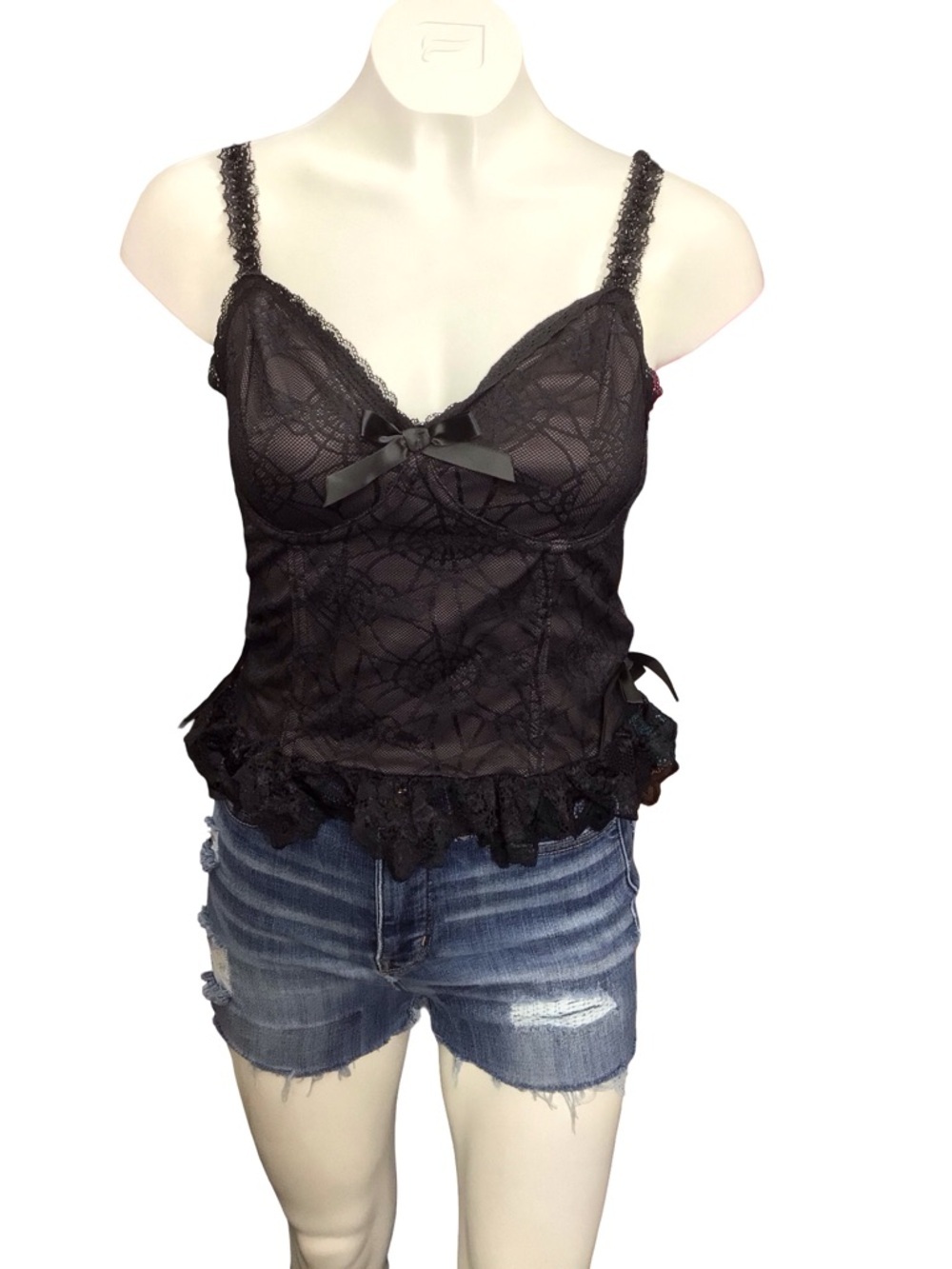 Black Lace Wimsey Goth Bustier Cami with Satin Bow size small